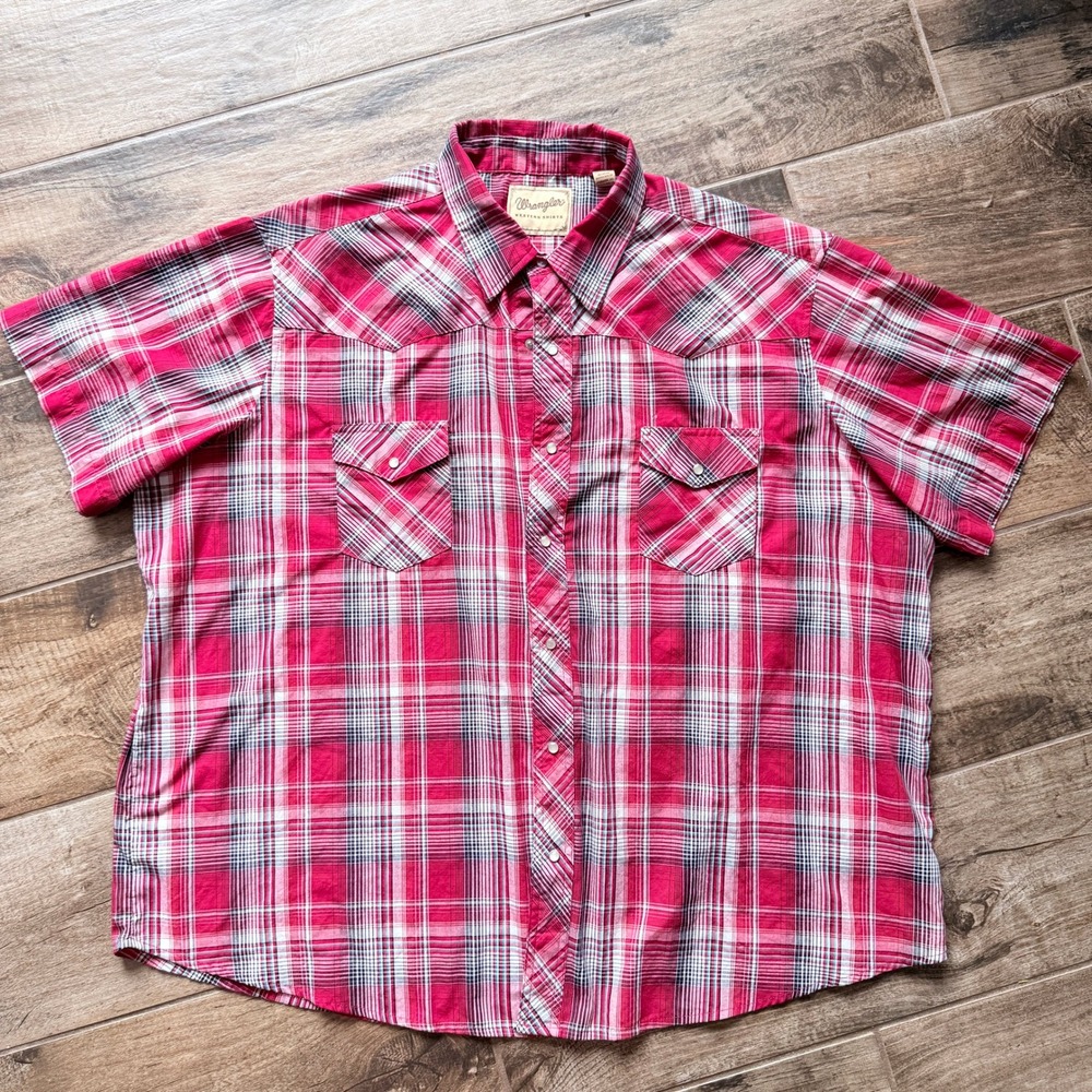 Wrangler Mens Red Plaid Short Sleeve Western Pearl Snap Shirt 3XL Big and Tall